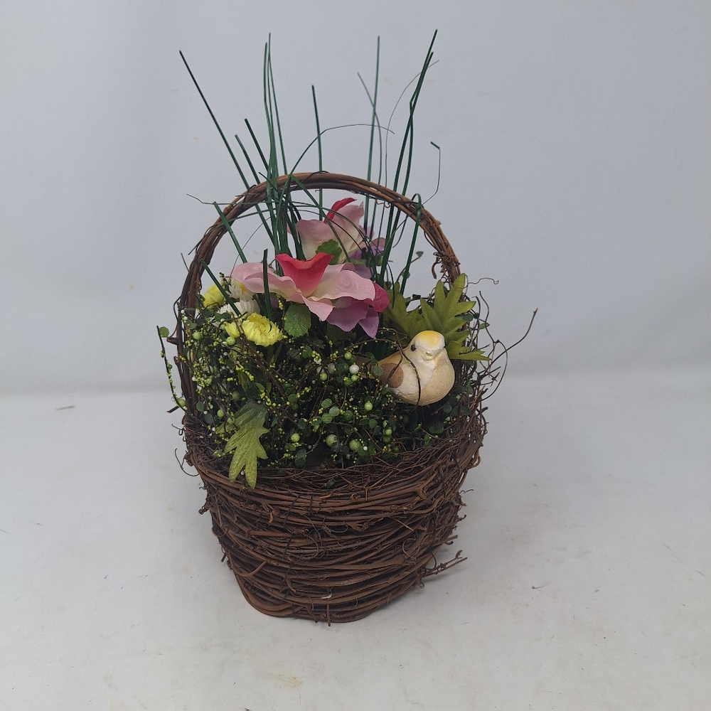 Woven Wood Twig Basket Faux Flower Arrangement Bird Easter Decor Spring Rustic